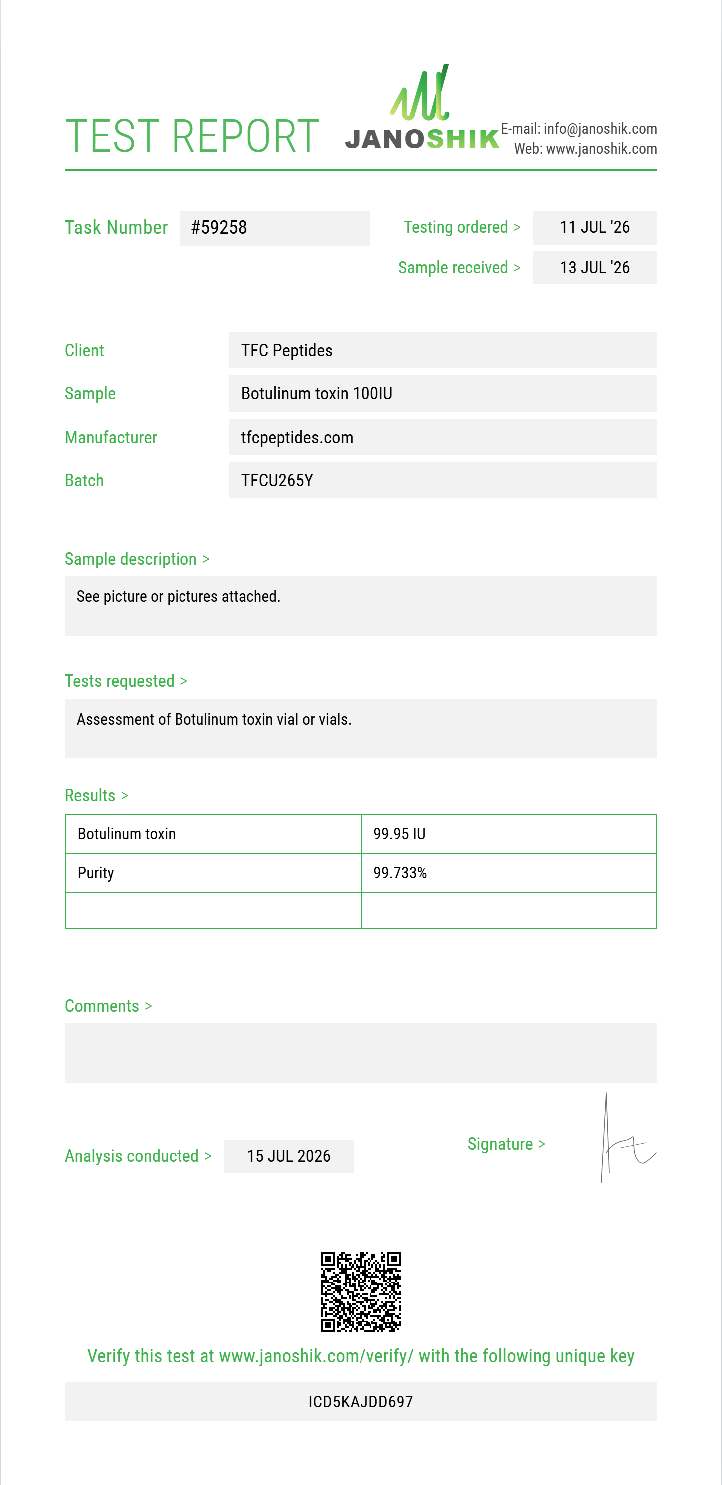 Botulinum toxin Purity (HPLC) report by Janoshik Analytical