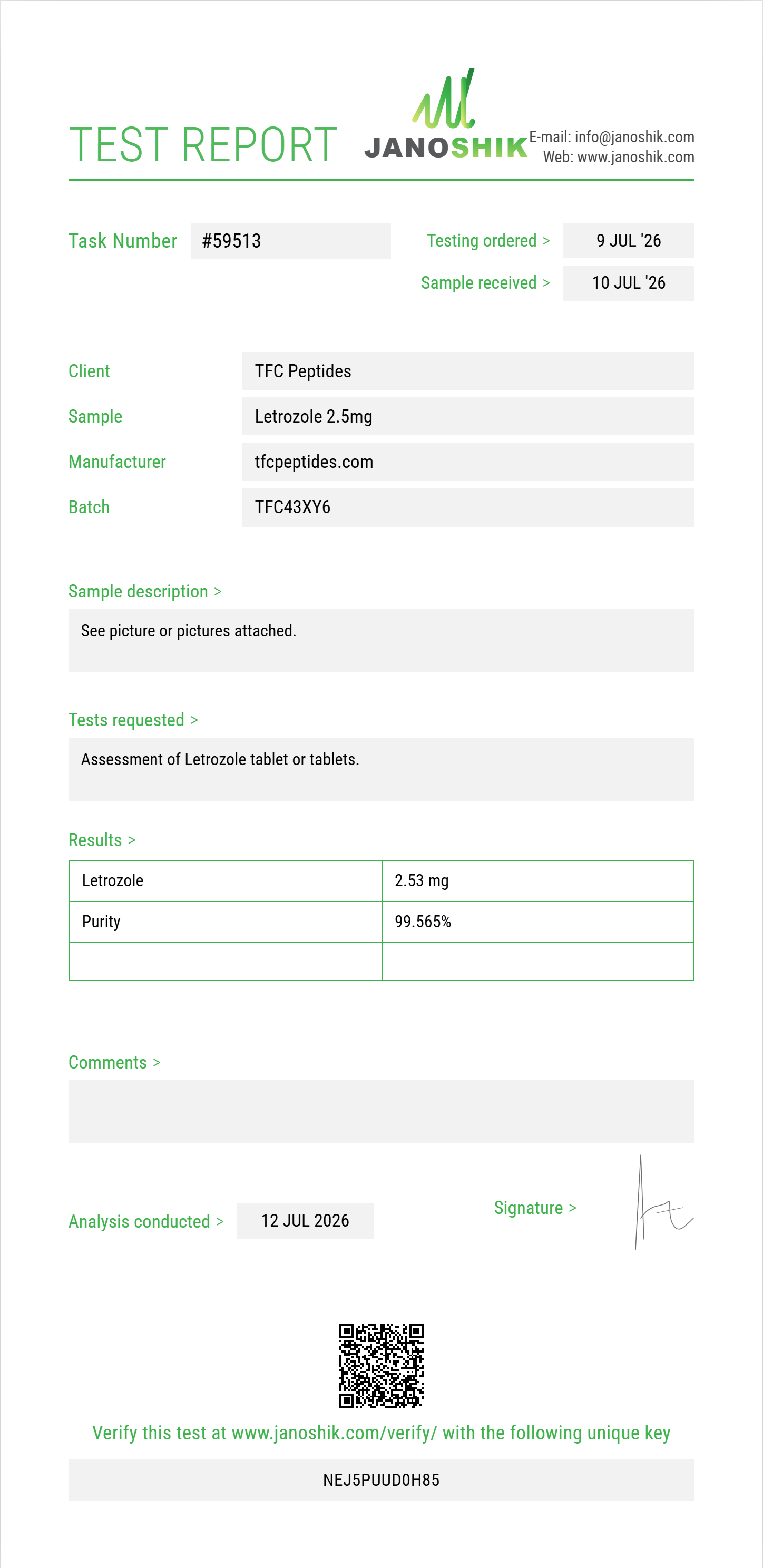 Letrozole Purity (HPLC) report by Janoshik Analytical