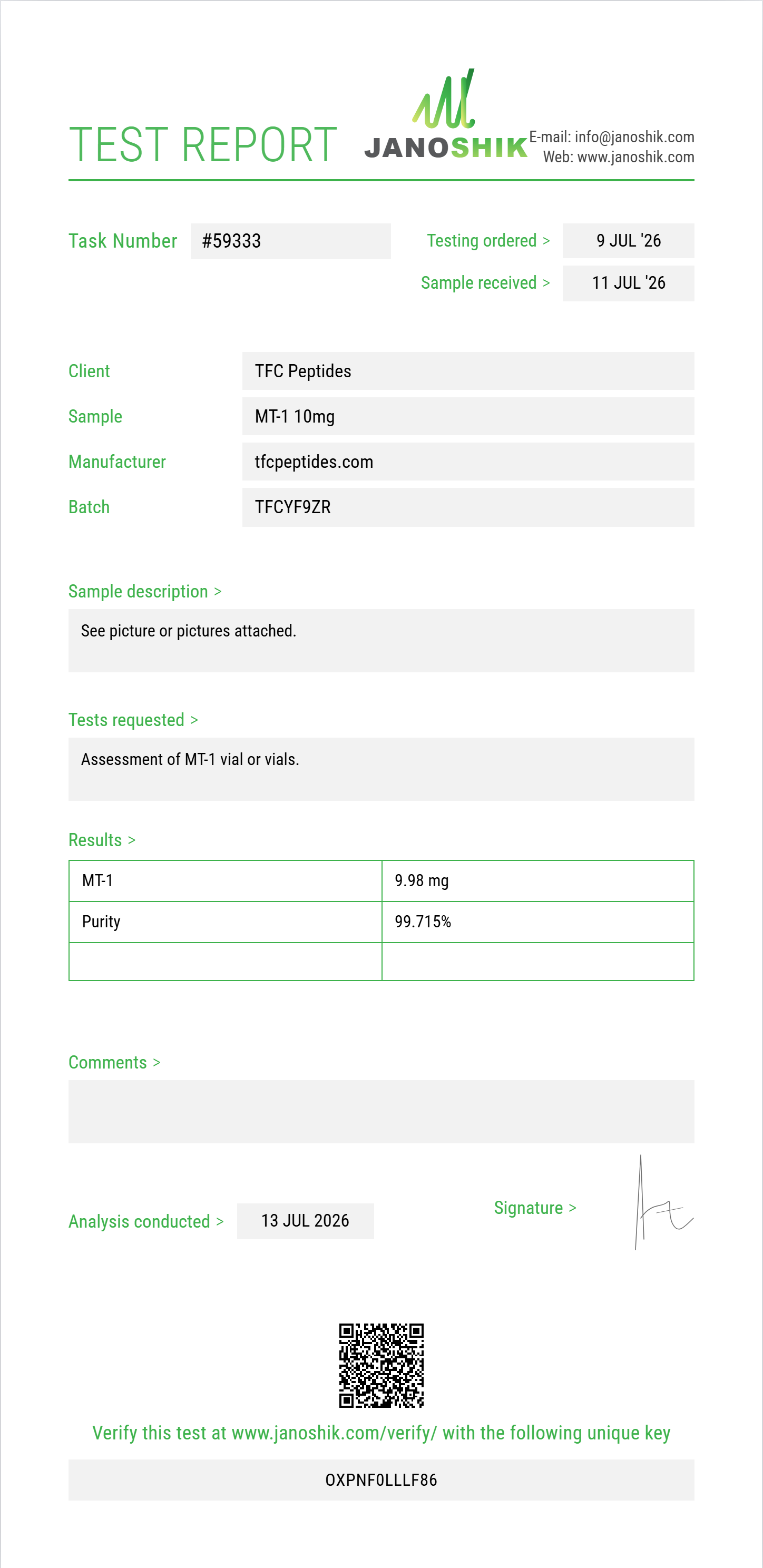 MT-1 Purity (HPLC) report by Janoshik Analytical