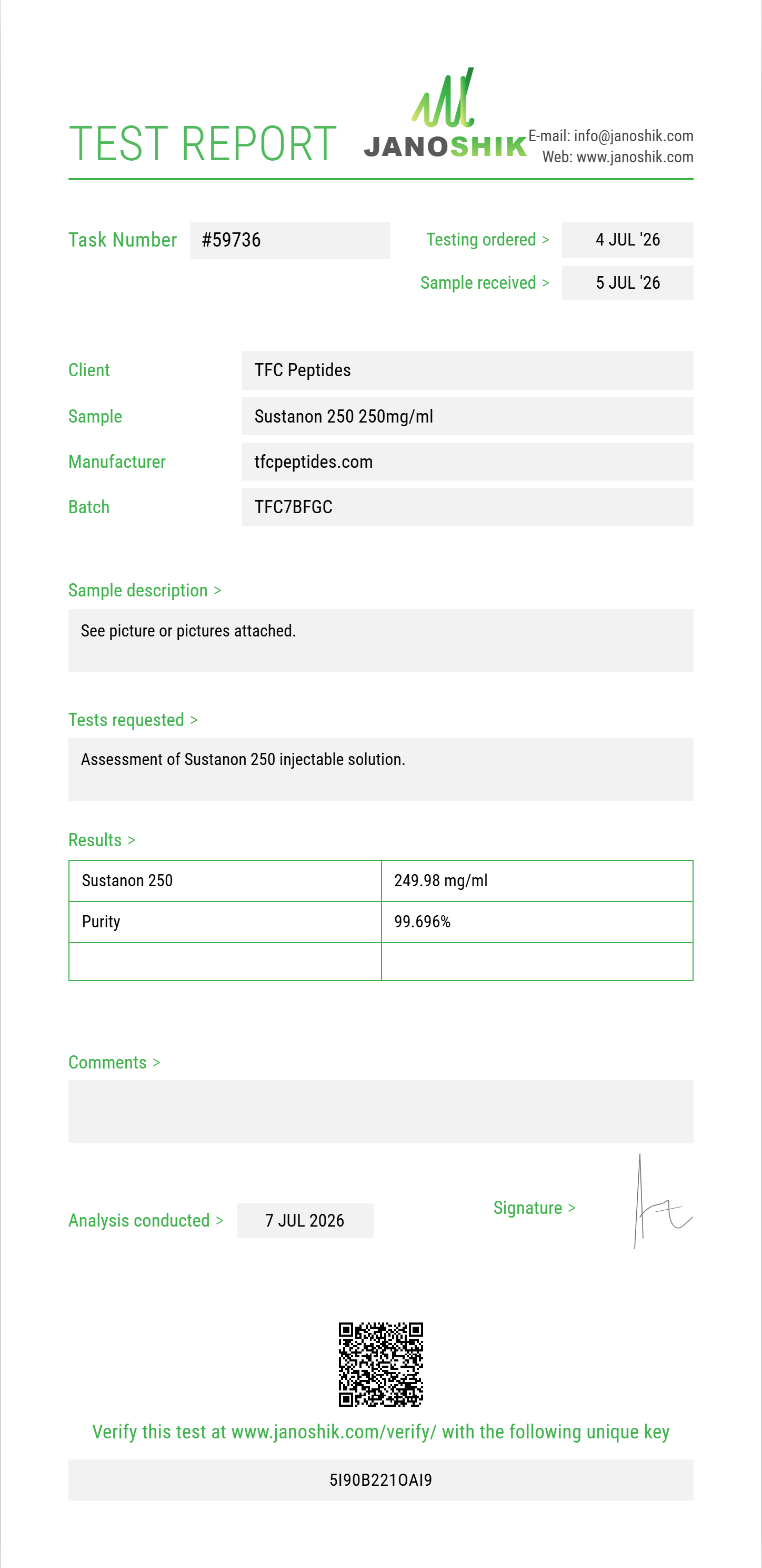 Sustanon 250 Purity (HPLC) report by Janoshik Analytical