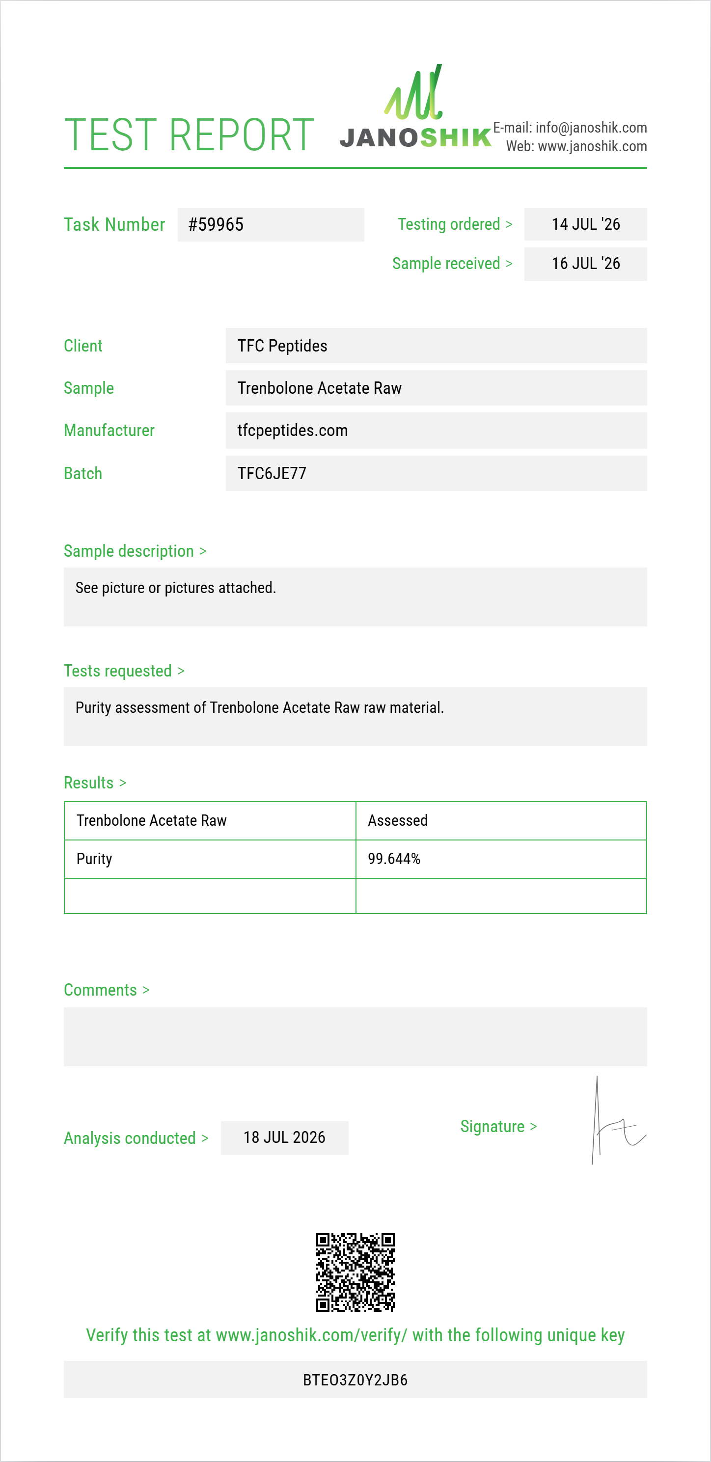 Trenbolone Acetate Raw Purity (HPLC) report by Janoshik Analytical