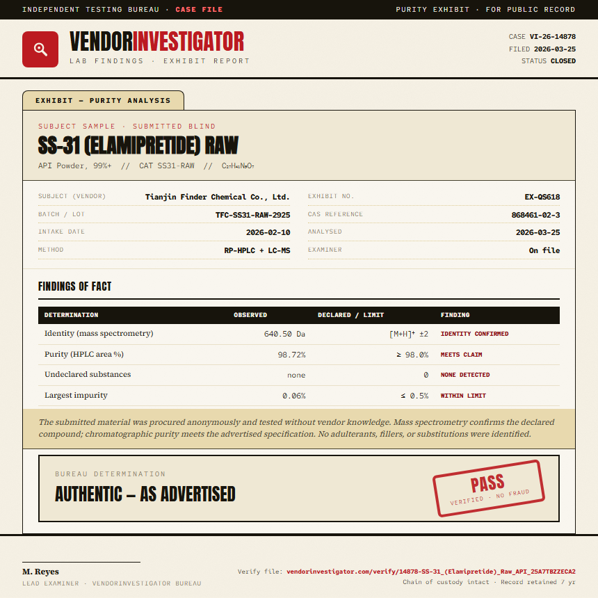 SS-31 (Elamipretide) Raw Purity (HPLC) report by VendorInvestigate